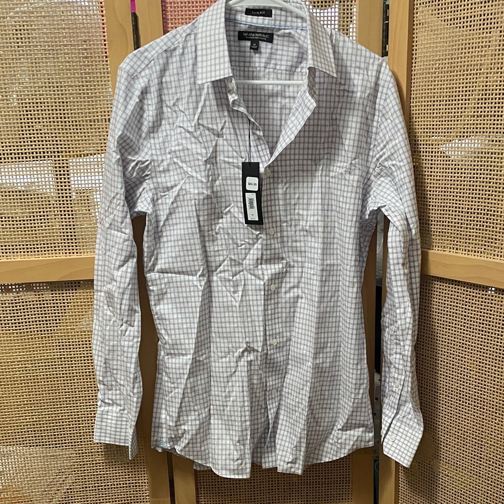 Banana Republic Men’s White Light blue Check Button-Down Shirt size M NWT white